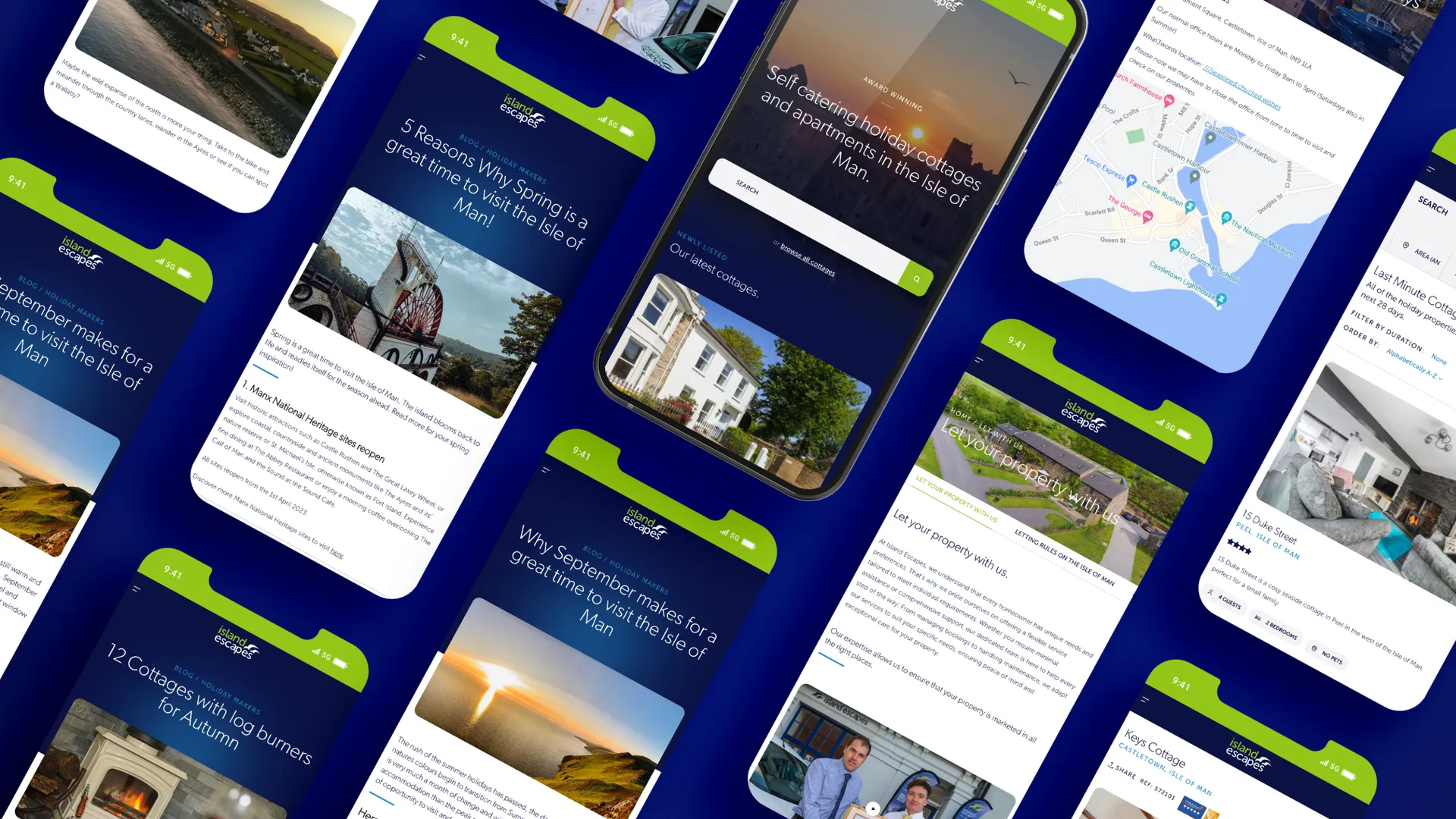 Island Escapes website designed by DotPerformance shown across multiple mobile screens, displaying Isle of Man travel guide blog posts, property search, cottage listings, letting services and a map of Castletown